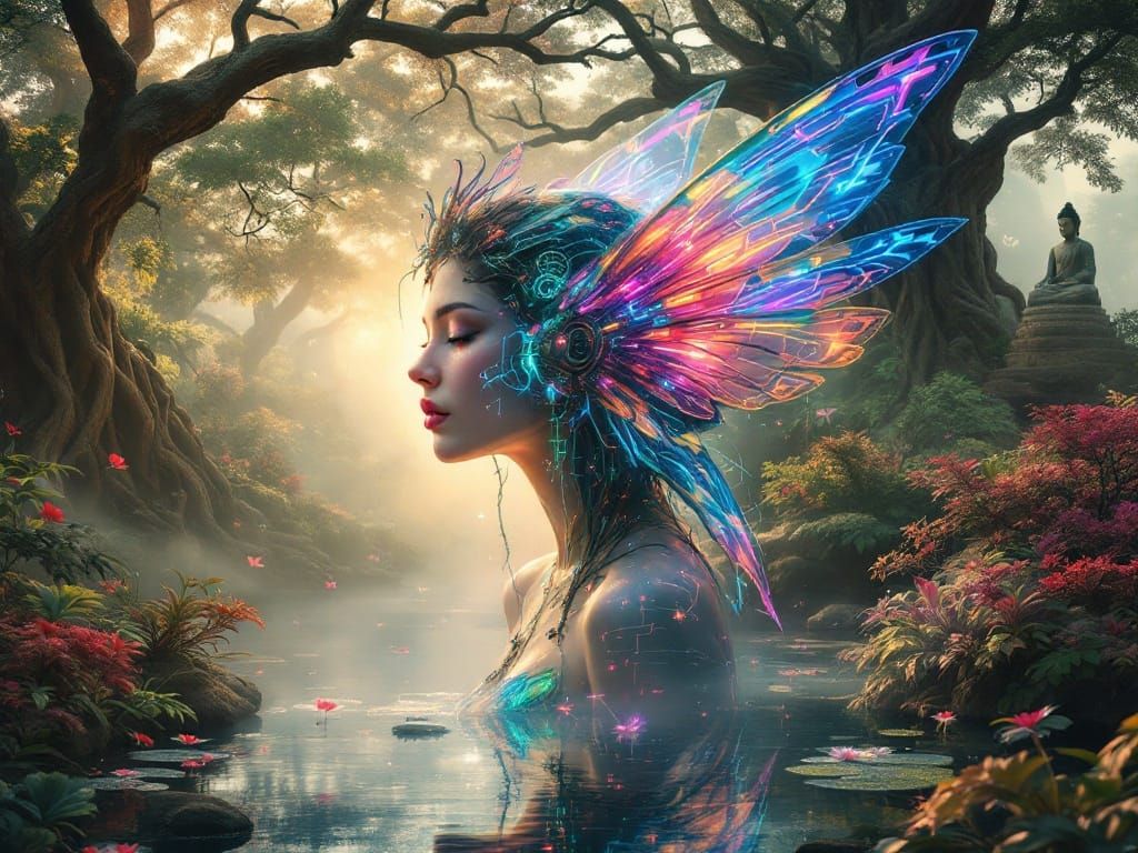 Cyberpunk Fairy Merged with Japanese Garden