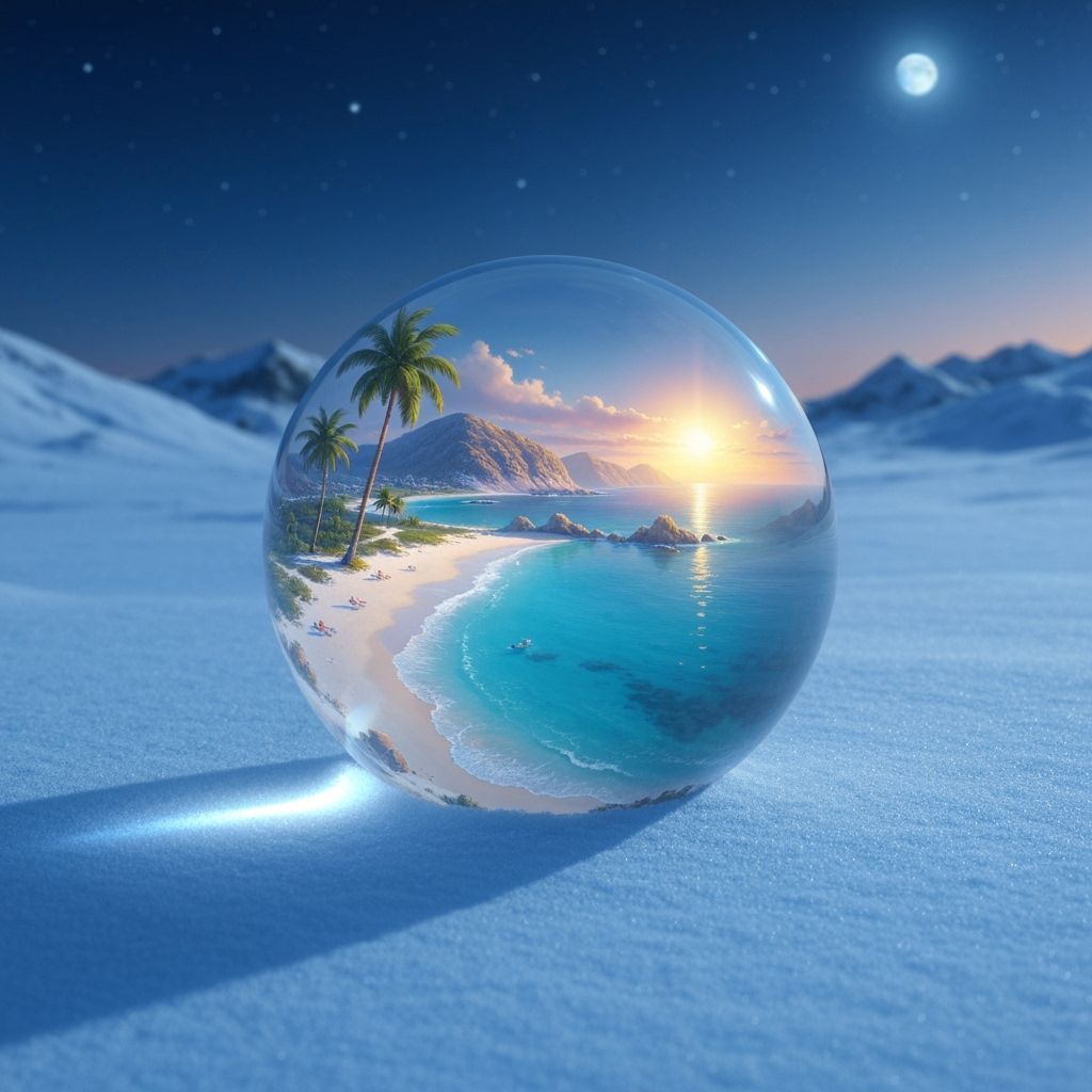 Sunny Beach Sphere in Winter Night Landscape