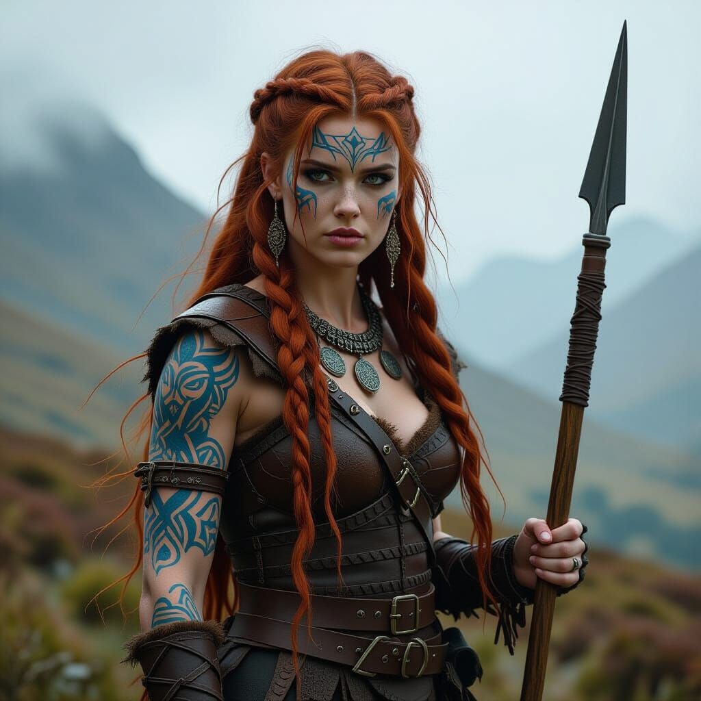 Fierce Pictish Woman in Misty Highlands