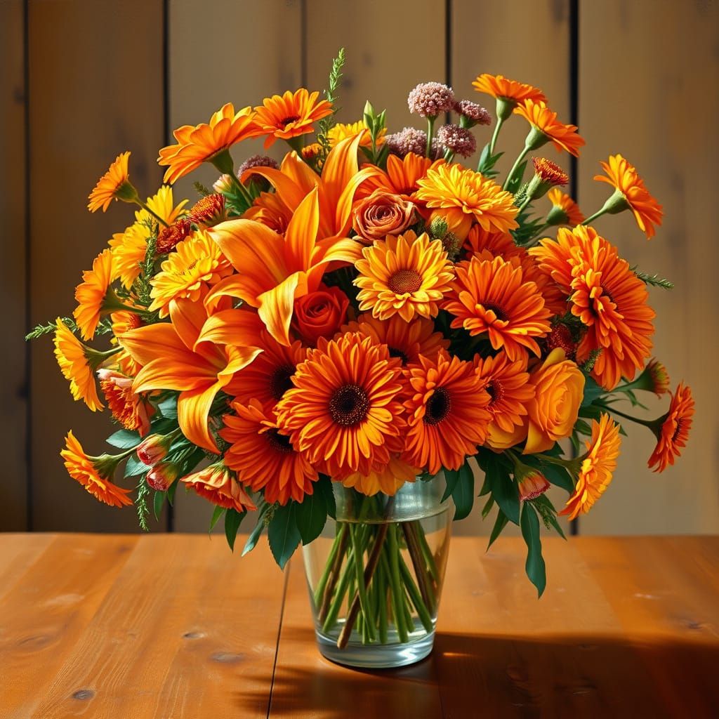 Vibrant Impressionist Orange Flower Bouquet in a Rustic Sett...