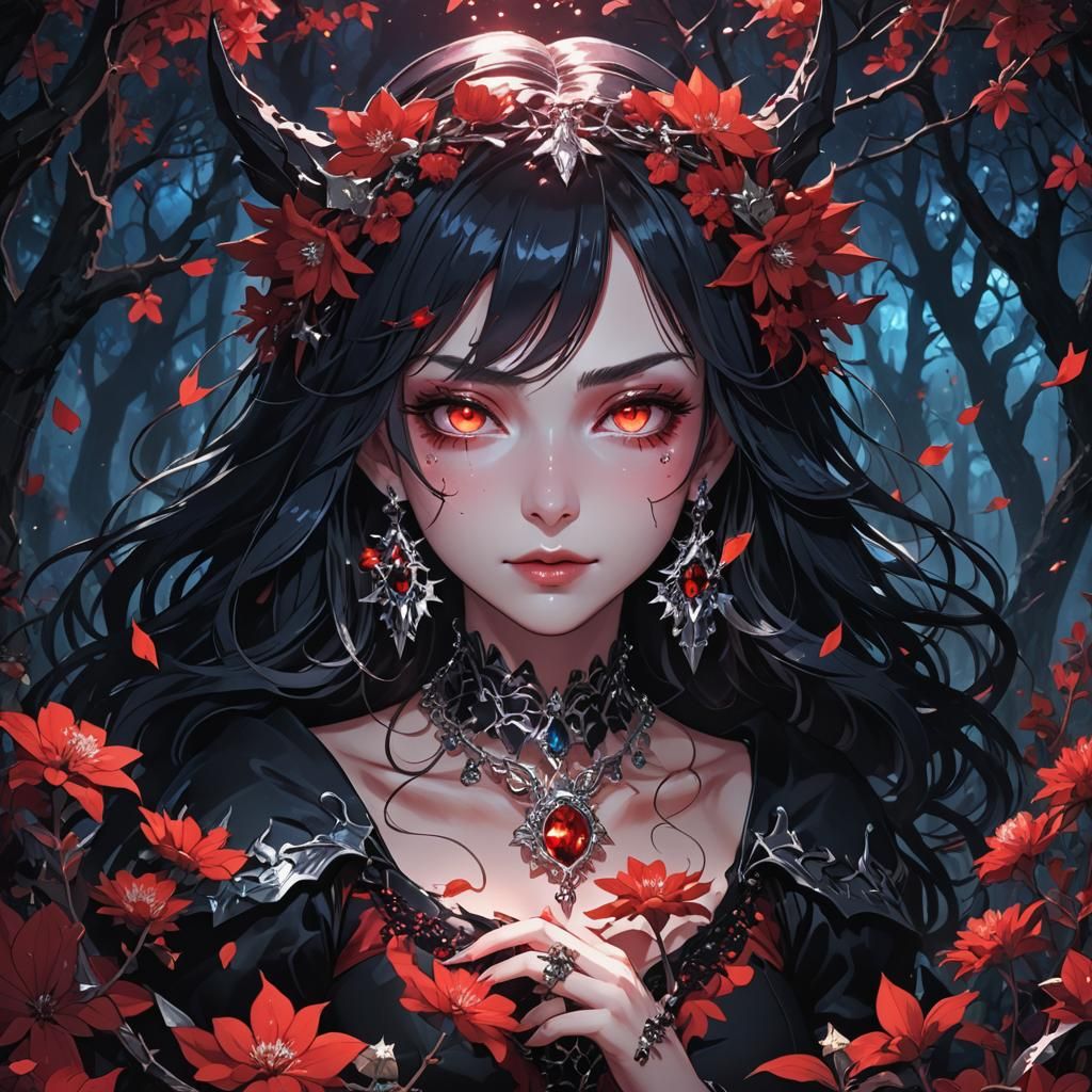 Anime Witch Girl in Dark Forest with Red Flowers