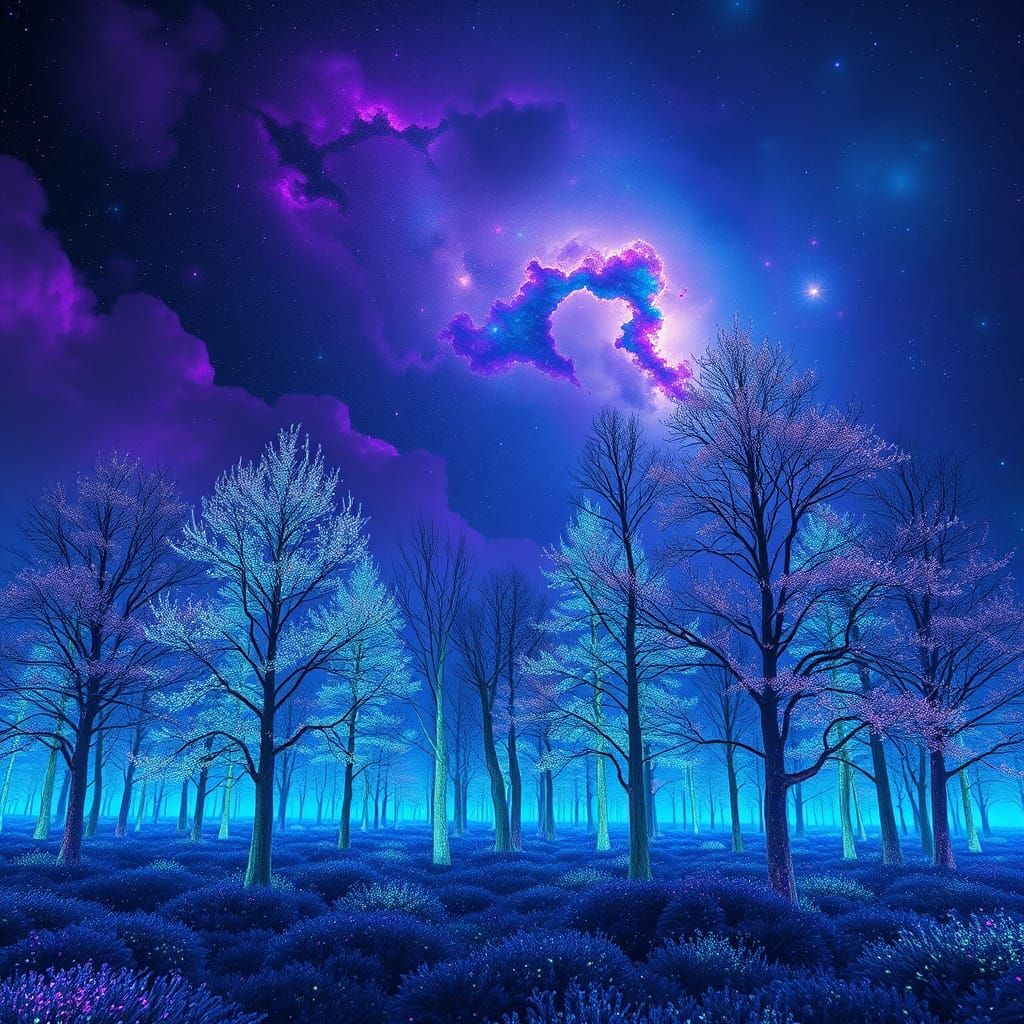 Dreamlike Galaxy Forest with Glowing Trees and Iridescent Le...