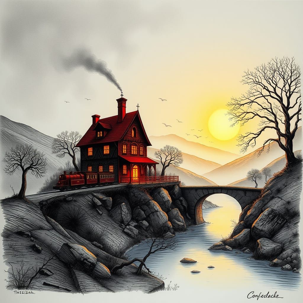 Mystical Landscape: Ink Drawing of a Glowing House