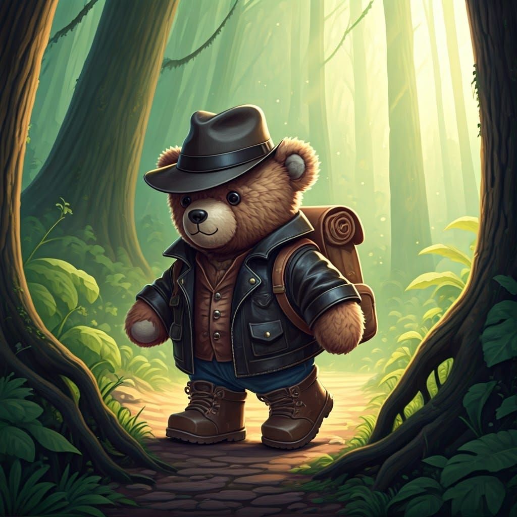Adventurous Teddy Bear in Cartoon Style Forest