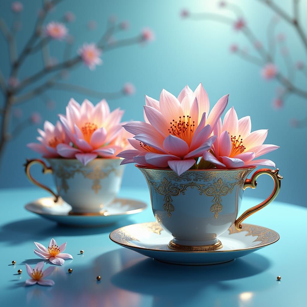 Ornate Teacups Overflowing with Iridescent Flora