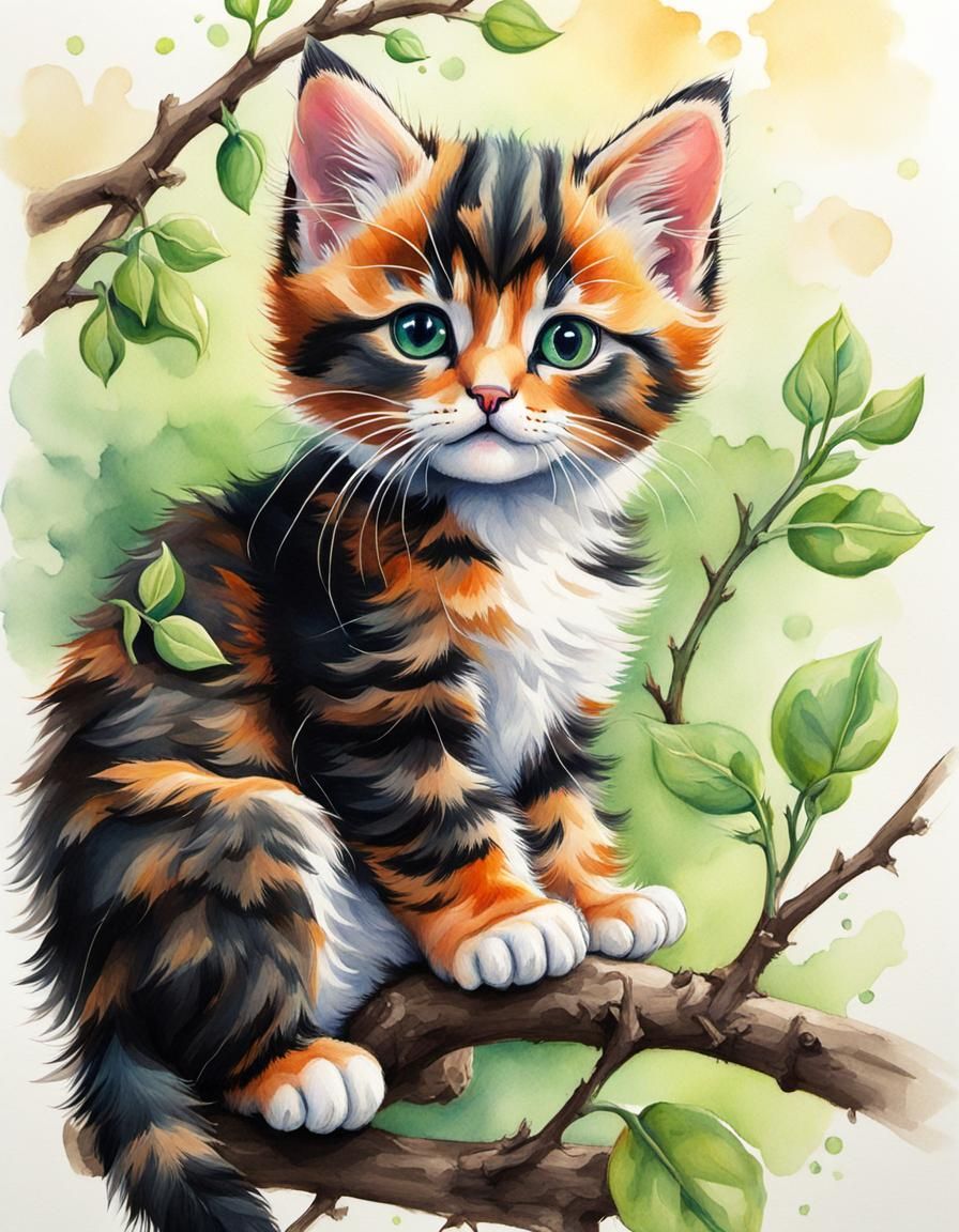 Cute Tortoiseshell Kitten on Branch, Watercolor Sketch