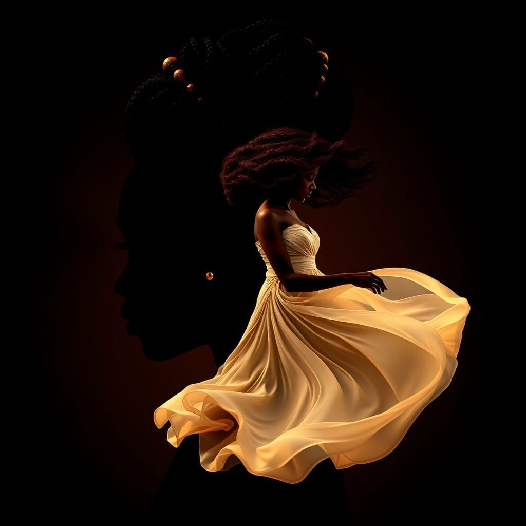 Ethereal Black Goddess Dancing in Vibrant Silhouette