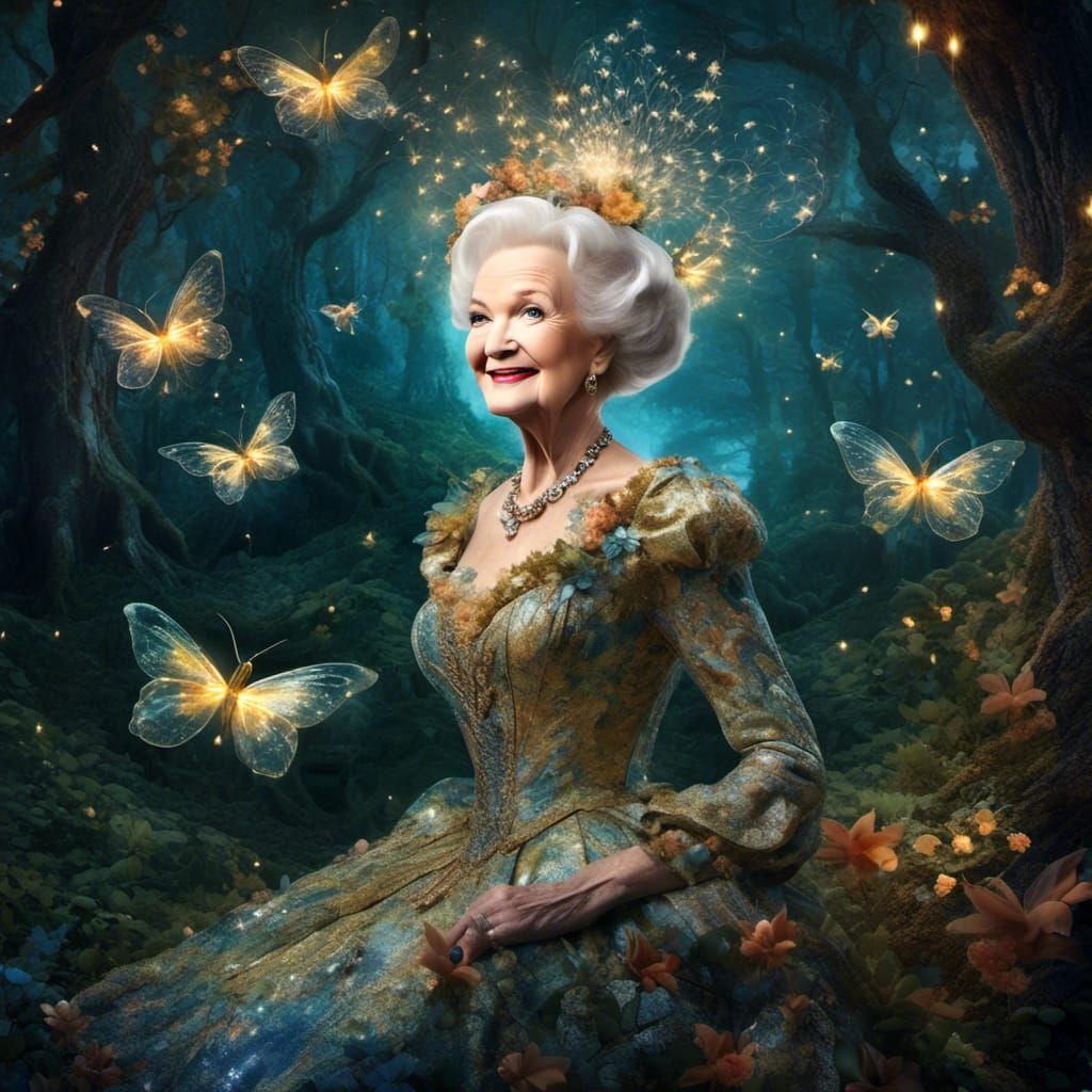 Fairy Godmother in Enchanted Forest with Fireflies