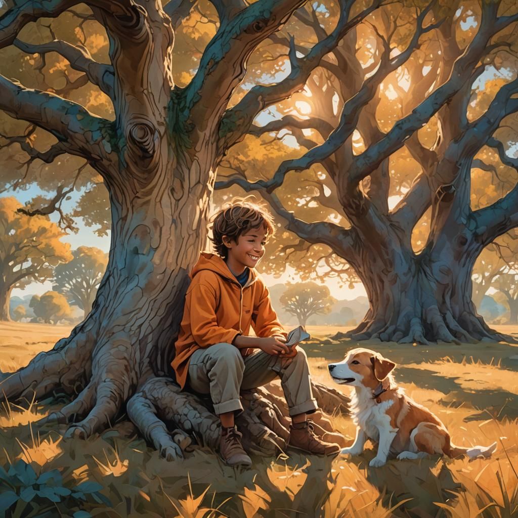 Child Petting Dog in Sunlit Field: Fantasy Concept Art