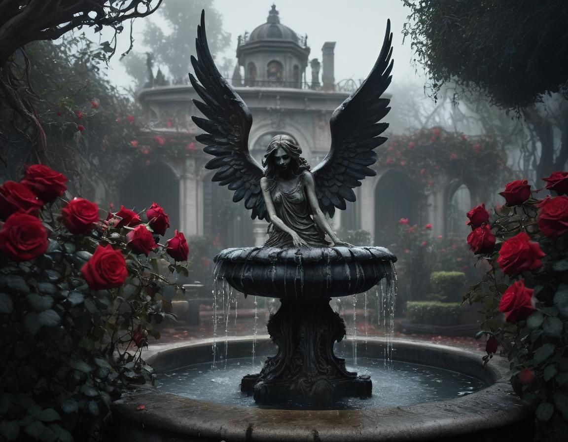 Creepy Haunted Mansion with Angel Statue, Gothic Horror