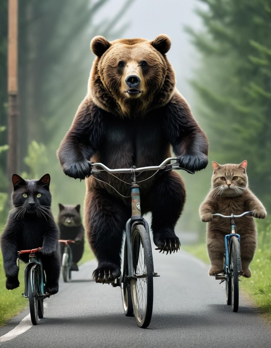 Bears on Bicycle Followed by Cat