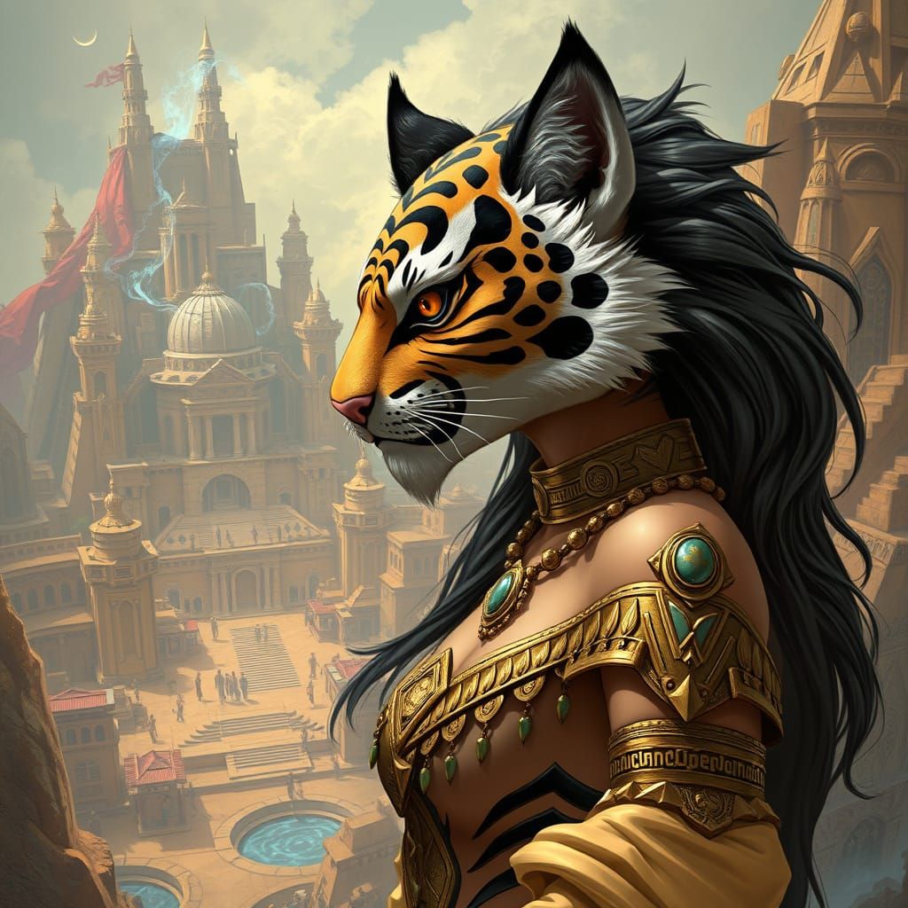 Elegant Tiger Beastwoman in Aztec City, Elden Ring Style