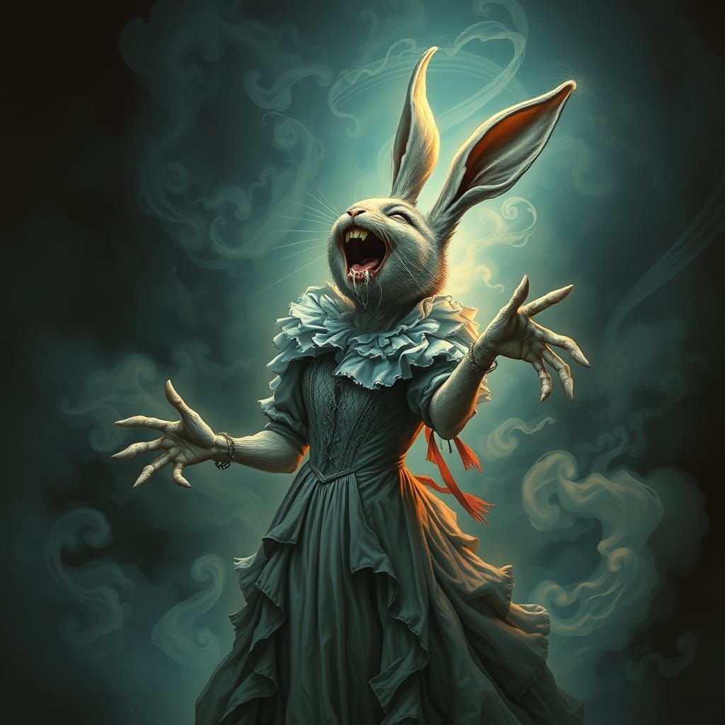 Maniacal Bunny in Victorian Gown Laughing Hysterically