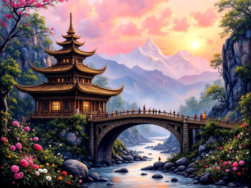 Picturesque Nepalese Bridge at Sunrise in Watercolor Style