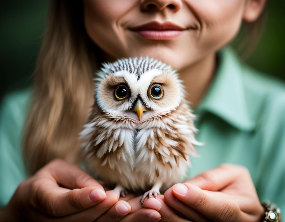 Micro Elf Owl Portrait on Human Fingers