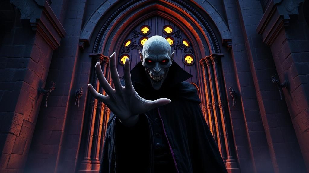 Nosferatu Beckons from Castle in Dark Fantasy Art
