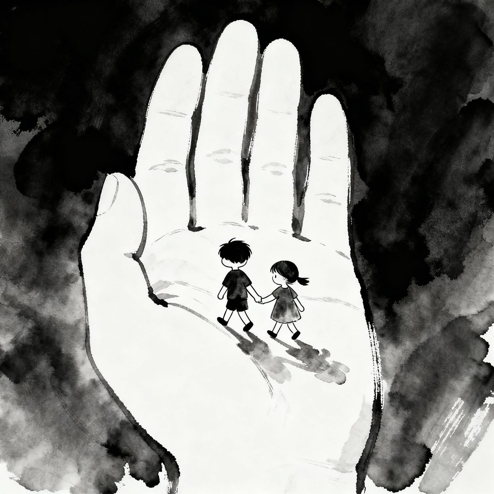 Two Figures Hand in Hand in Palm Silhouette