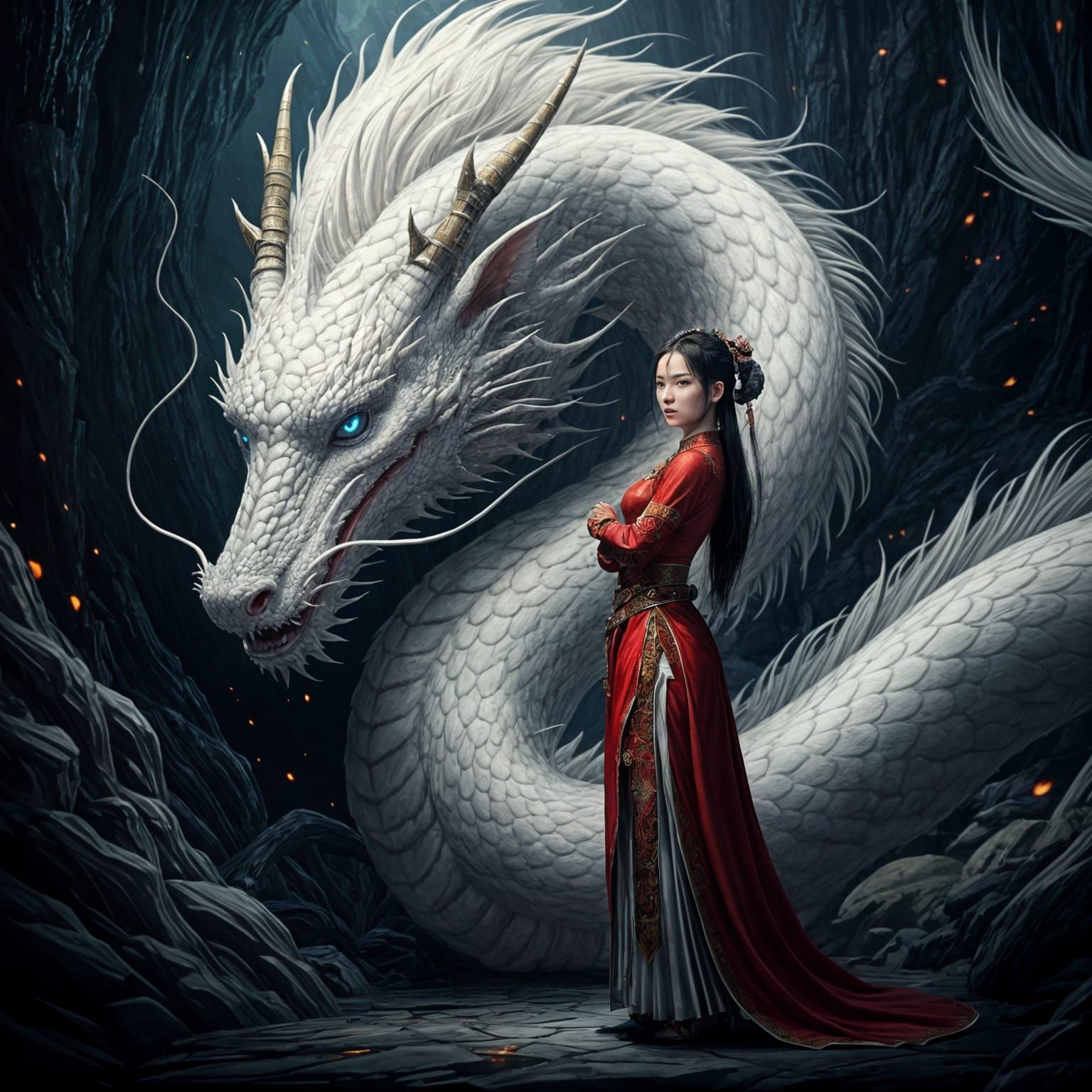 White Dragon and Chinese Maiden Detailed Matte Painting