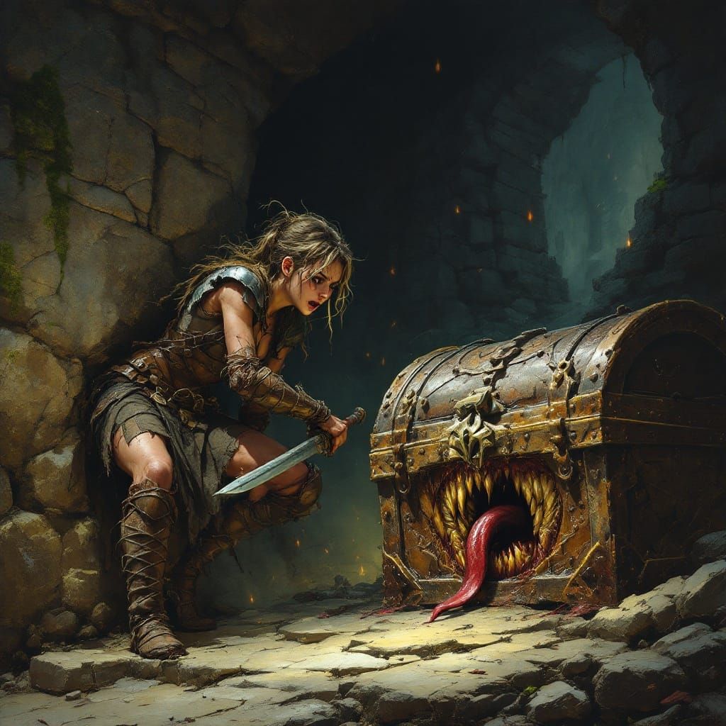 Dark Fantasy Warrior Terrorized by Ancient, Malevolent Treas...