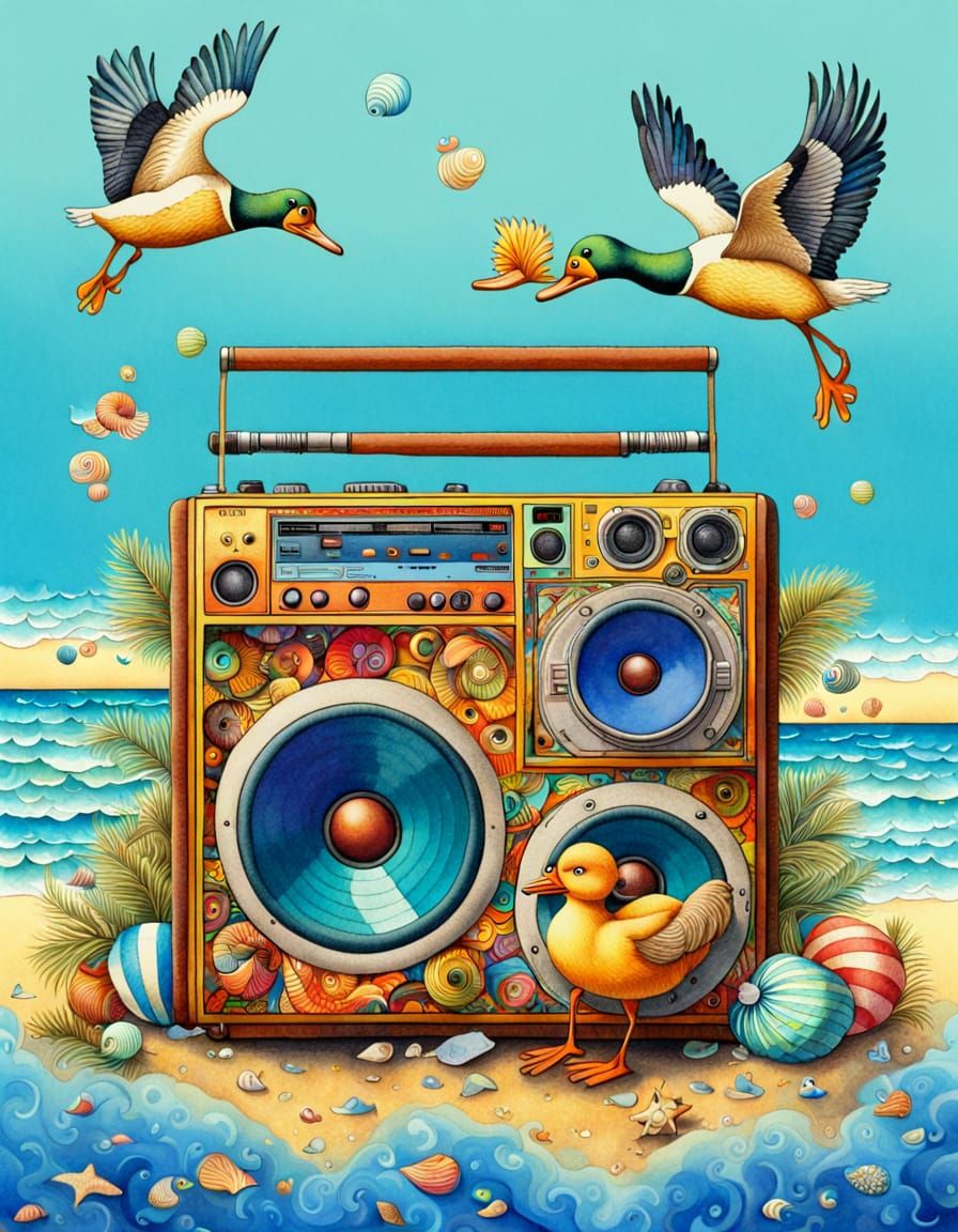 Boombox on Beach with Duck in Aquarelle Patchwork Style