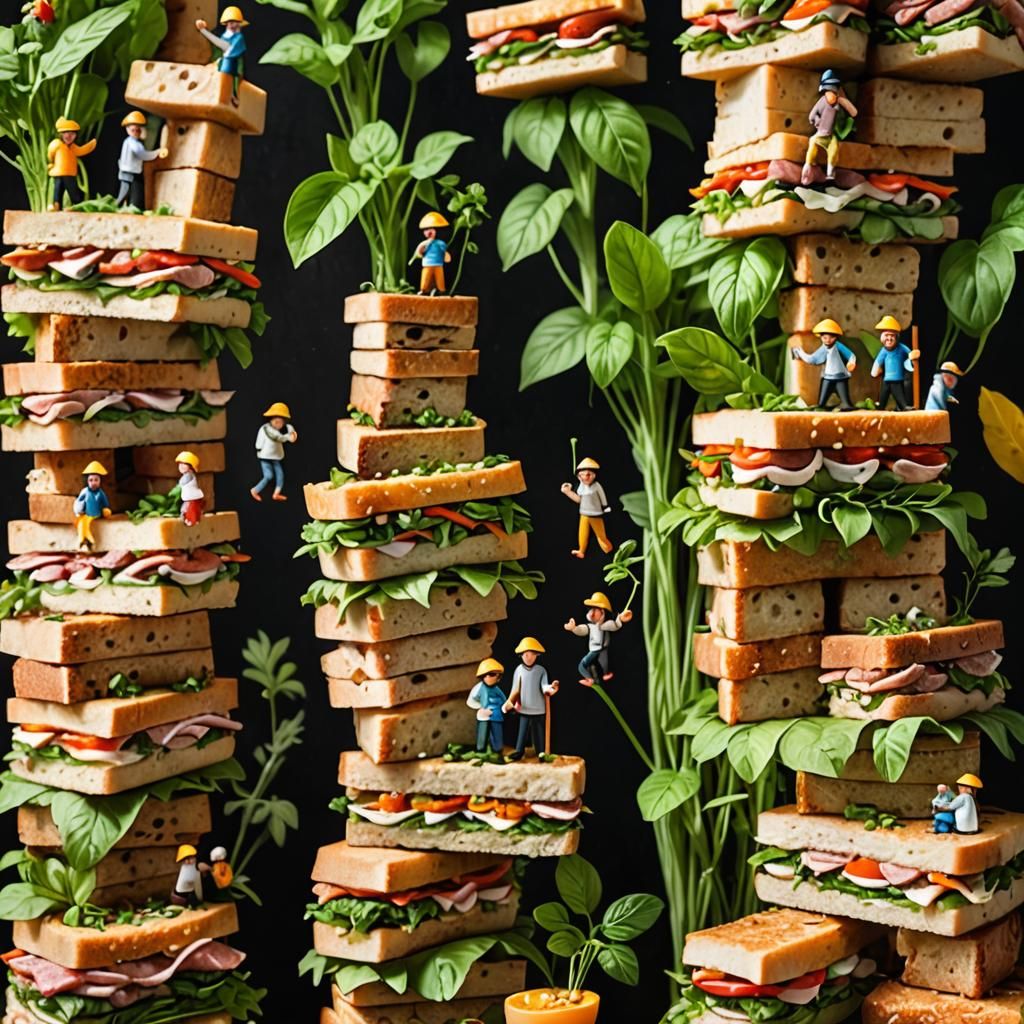 Playful Surreal Scene: Figures Climb Bánh Mì Mountain