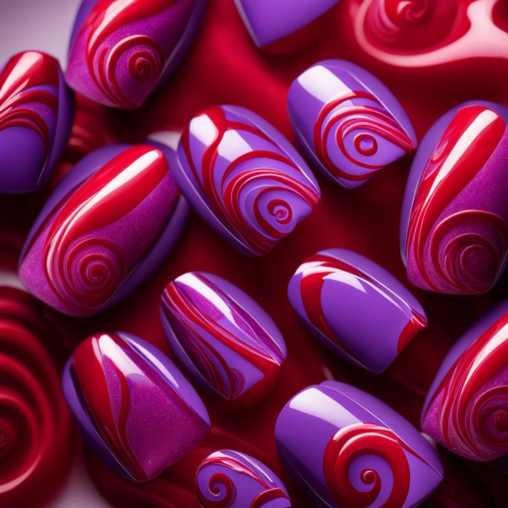 Purple Nails with Red Swirls Nail Art