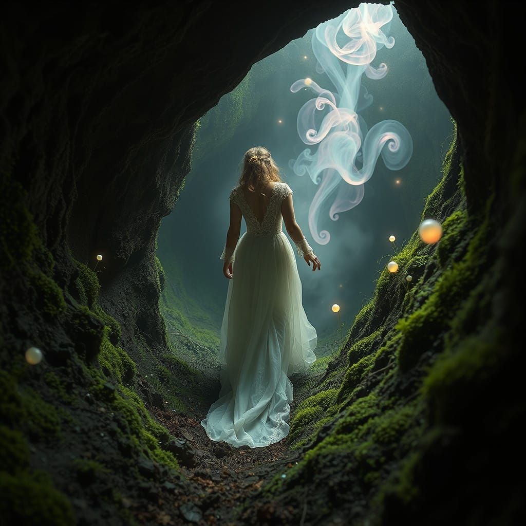 Ethereal Woman Descends into Mystical Earthly Oasis