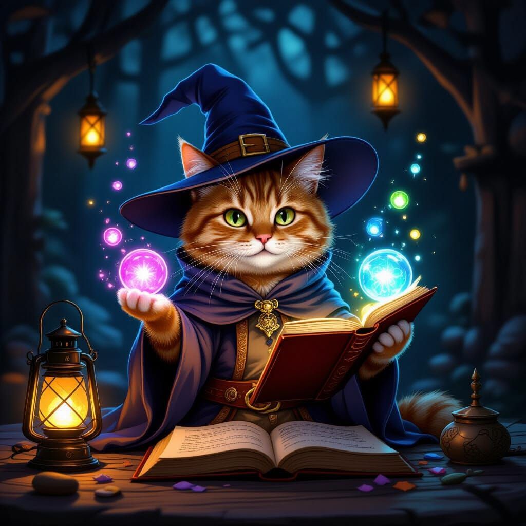 Orange Cat Sorcerer Conjures Magic Orbs From Spellbook