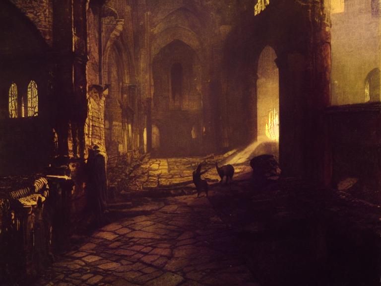 Ruins with Cats and Birds in Autochrome Style