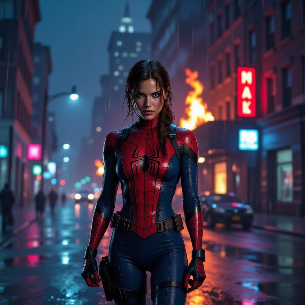 Lara Croft as Spider-Man in Fiery City Night