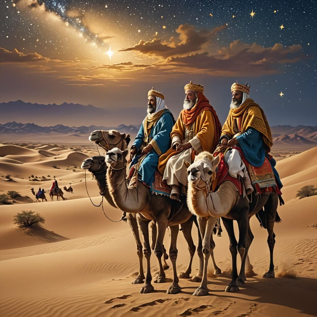 Three Wise Men in Desert, Digital Oil Painting