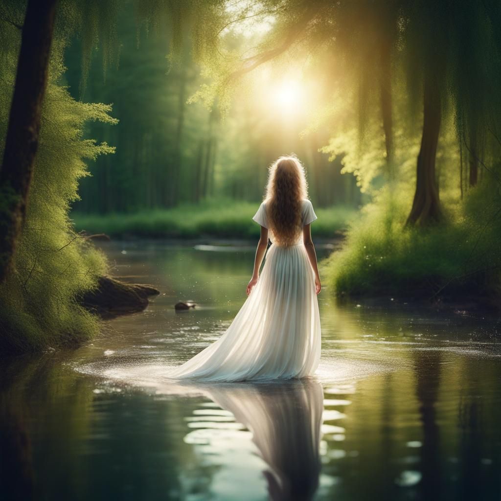 Girl in White Dress in Forest, Digital Painting