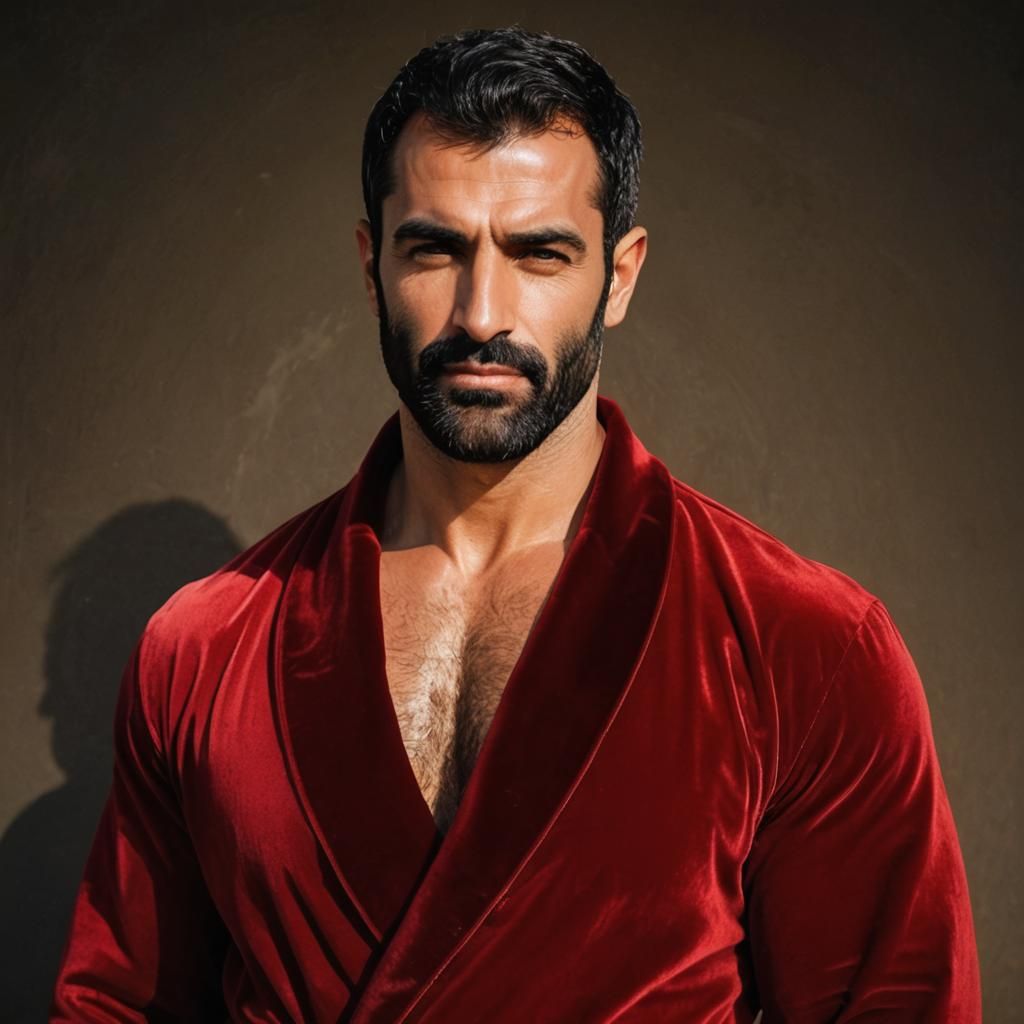 Hirsute Man in Red Velvet Robe: Gouache Impasto