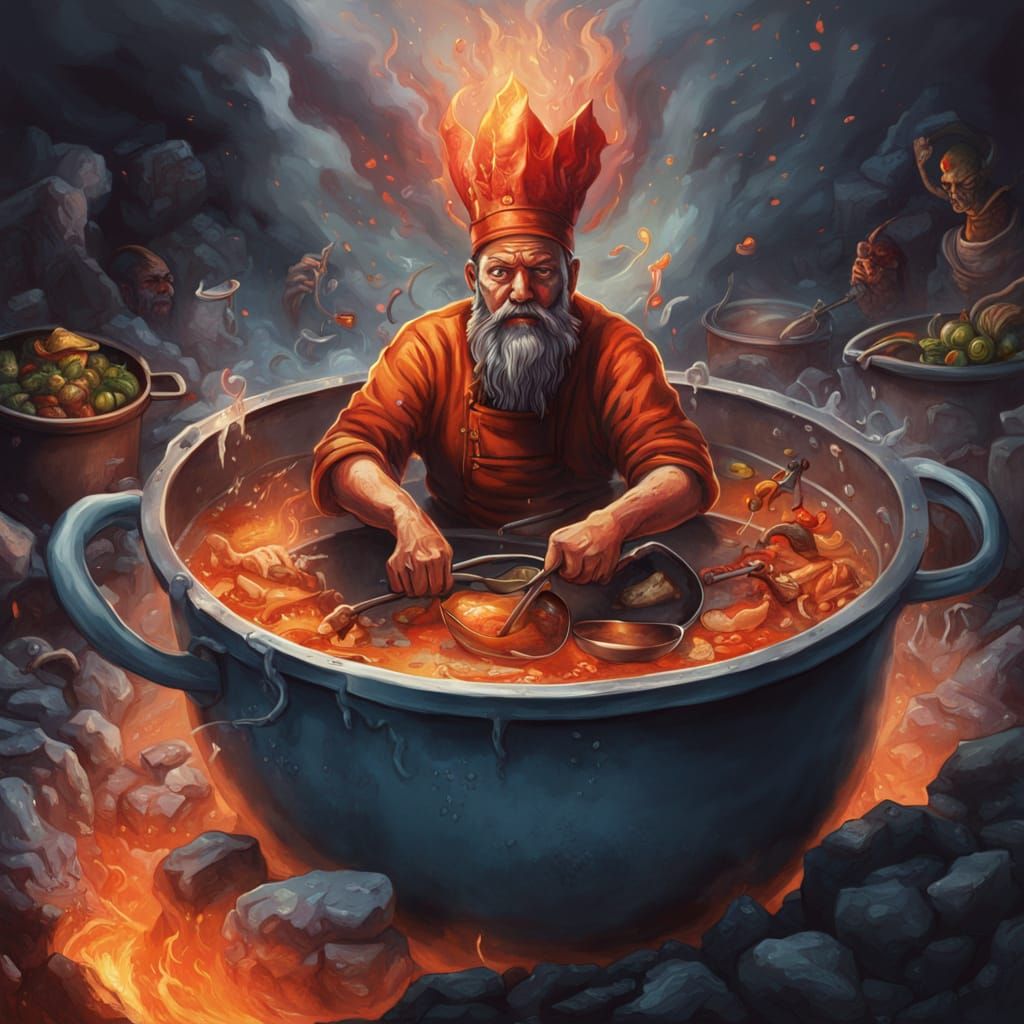 Surreal Scene of a Person Relaxing in a Boiling Pot at Hell