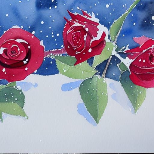 Watercolour Roses in a Snowy Landscape
