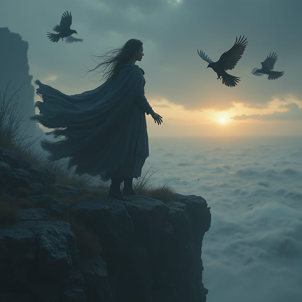 Mystical Woman on Windswept Cliff at Twilight