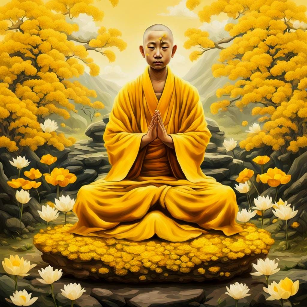 Meditating Buddhist Monk in Oriental Style