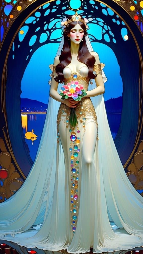 Ethereal Art Nouveau Bride Under Celestial Night Sky