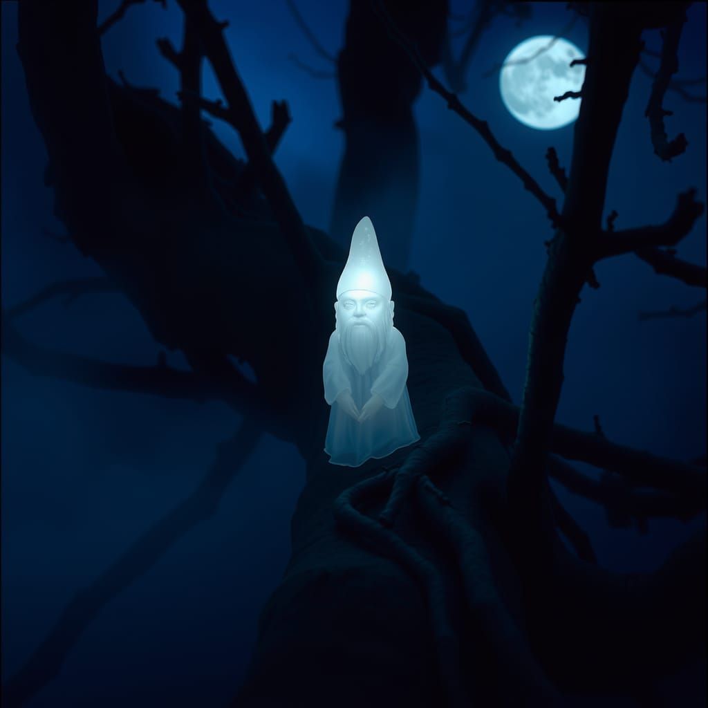 Ethereal Ghostly Garden Gnome in Moonlight