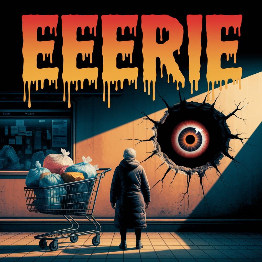 Surrealism. Medium shot. Large Text that says "Eeerie" in dripping horror font. Triple bold font. Double heavy outline. ...