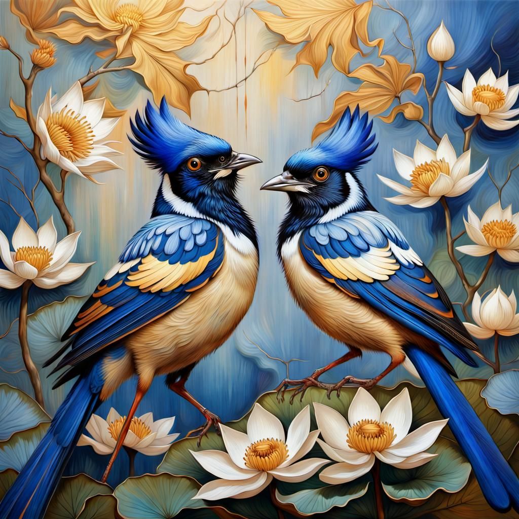 Blue Magpies Mating Pair with Lotus, Splash Art