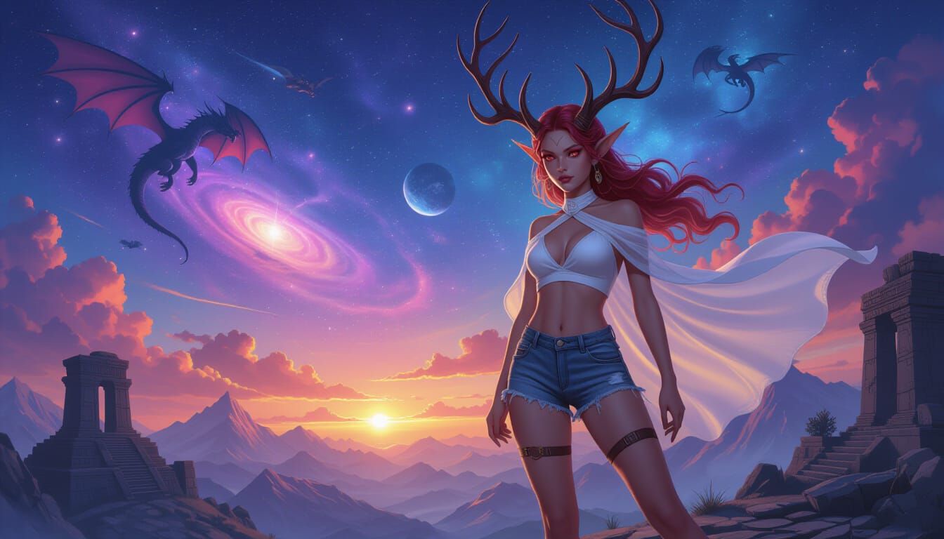 Tiefling Maiden on Mountain Top with Cosmic Sky