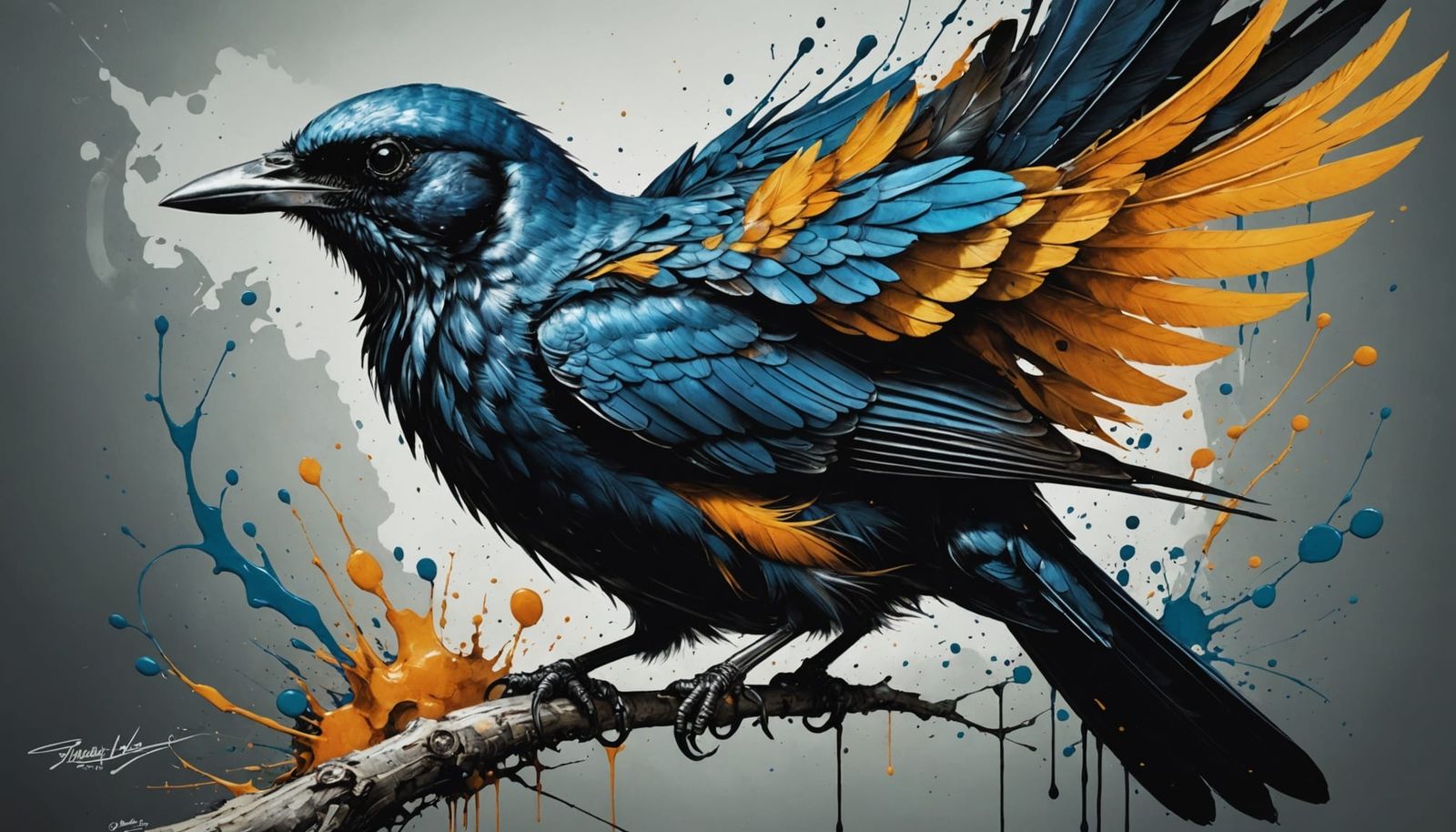 Colorful Bird with Black Ink Flow in Gouache Style