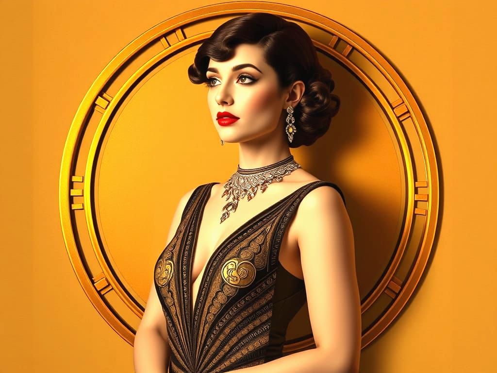 Art Deco Woman Portrait in Gold and Brown