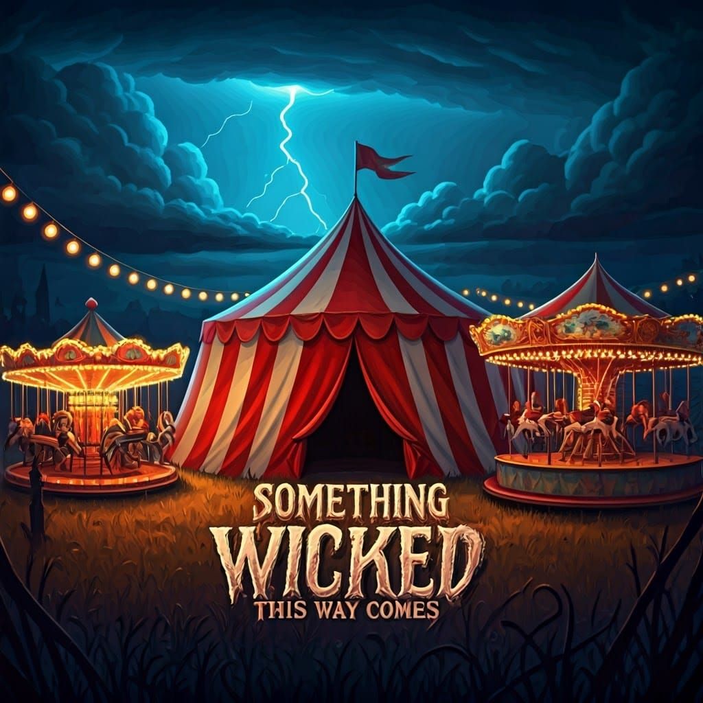 Eerie Fairground at Dusk in Fantastical Illustration Style