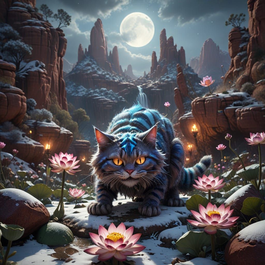 Imagine a mischievous Cheshire Cat lounging on a giant lotus flower in the red rocks of Sedona blanketed in snow, its pe...