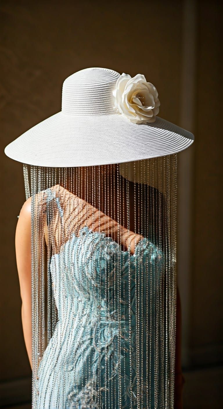 Woman in Lavish Gown and Oversized Crystal Hat