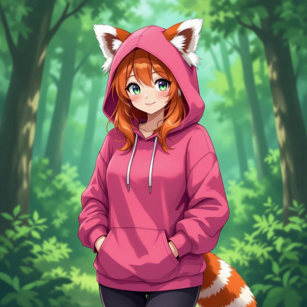 Red Panda Girl in Forest: Anime Art Style