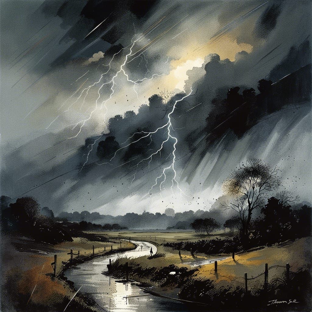 Dramatic Storm Cloud with Lightning in Watercolor Style
