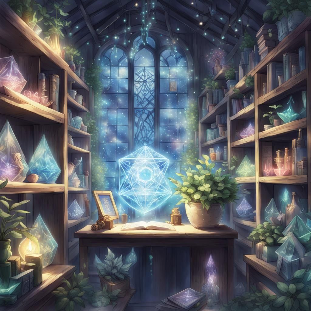 Mystical Anime Room with Crystals and Runes